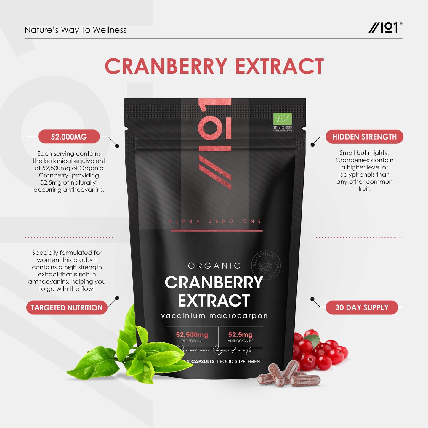 Organic Cranberry Extract 52,500mg – 180 Vegan Capsules – High Strength 52.5mg Anthocyanins Cranberry Extract (Vaccinium Macrocarpon) – by Alpha01