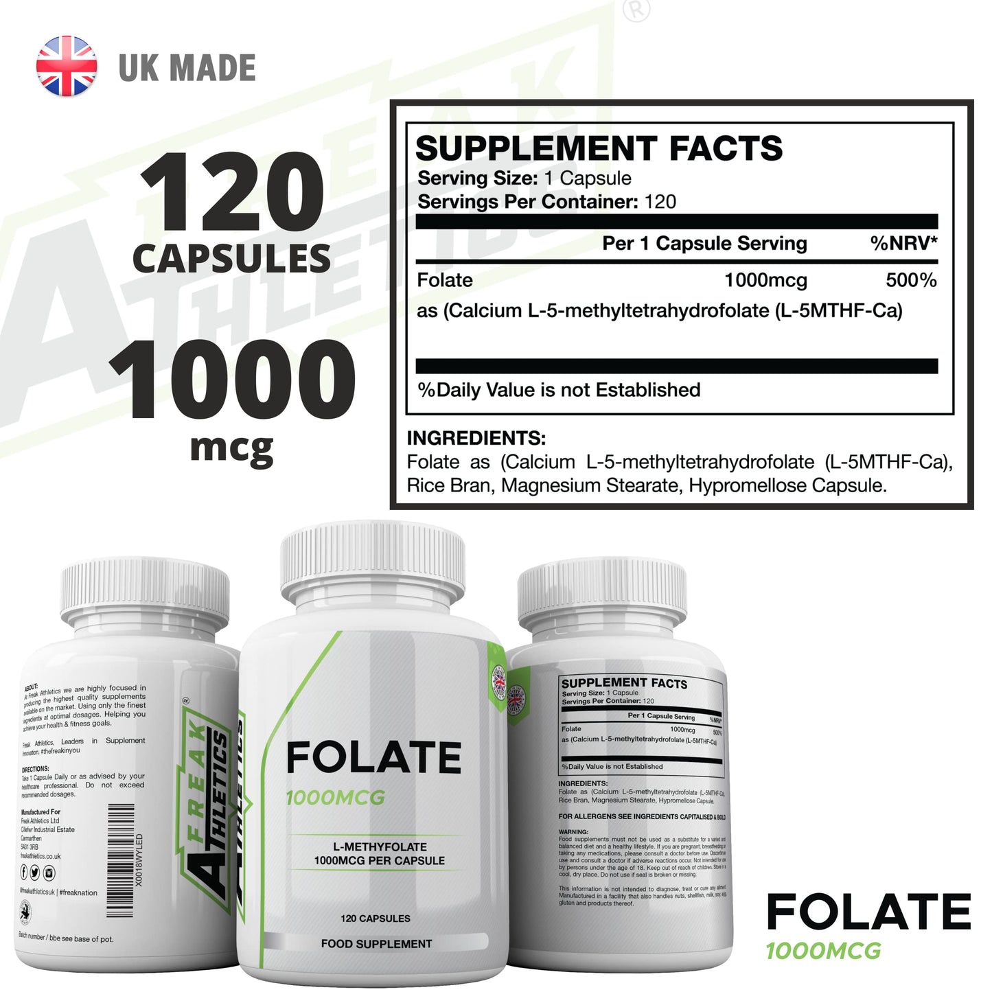 Freak Athletics Folate 1000mcg (L-Methylfolate) 120 Capsules, 5-MTHF Active Form of Folic Acid/Vitamin B9