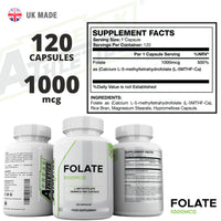 Freak Athletics Folate 1000mcg (L-Methylfolate) 120 Capsules, 5-MTHF Active Form of Folic Acid/Vitamin B9