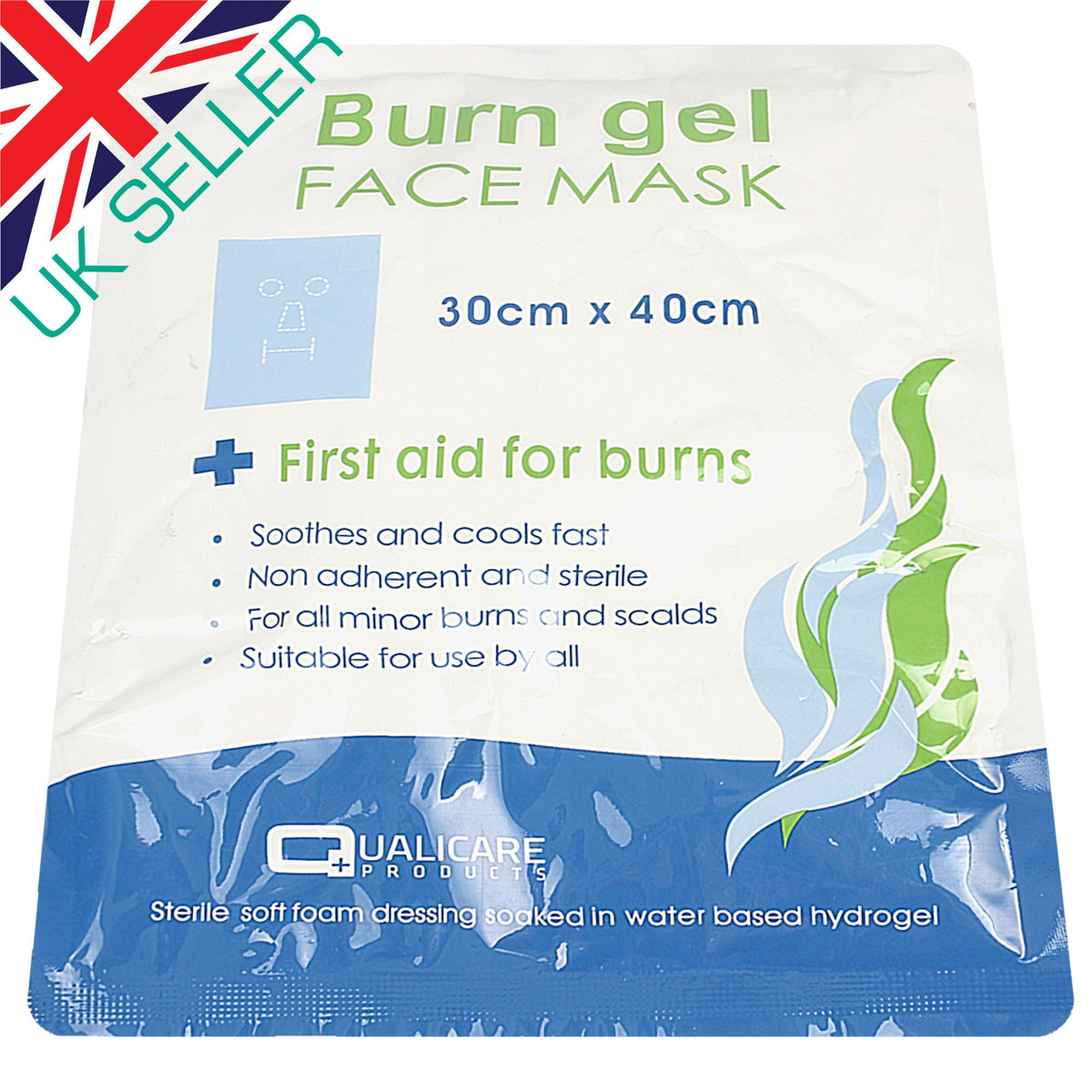 Qualicare Burn Gel Face Mask 30cm x 40cm - Sterile Soft Foam Dressing Soaked in Water-Based Hydrogel