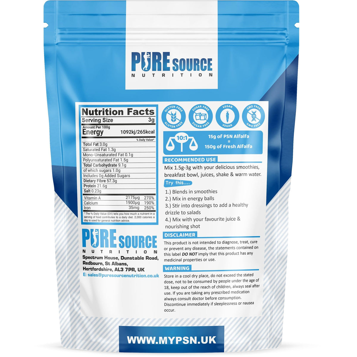 Pure Source Nutrition Organic Alfalfa Powder Support Energy and Stress, Vegan Keto Green Superfood Supergreen Raw Natural Alfalfa Powder Juice Shots by PSN (100g)