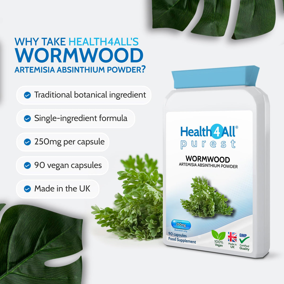 Health4All Wormwood 250mg 90 Vegan Capsules, Purest Artemisia Absinthium Powder