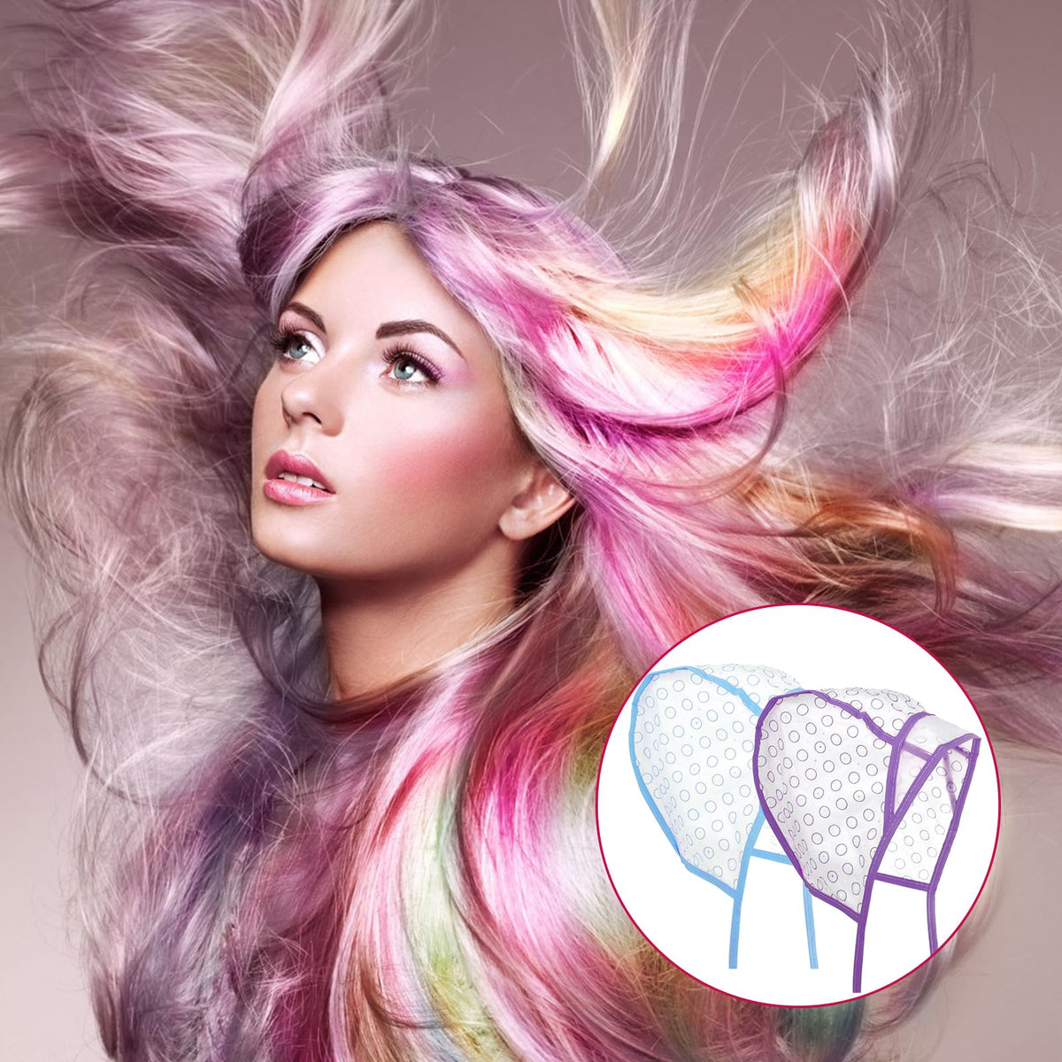 Bewudy 12 Pcs 4 Sets of Highlight Cap with Hooks, Hair Highlighting Caps, Highlight Hair Coloring Frosting Dye Kit for Salon Hair Dyeing Hairdressing (Purple+Blue)