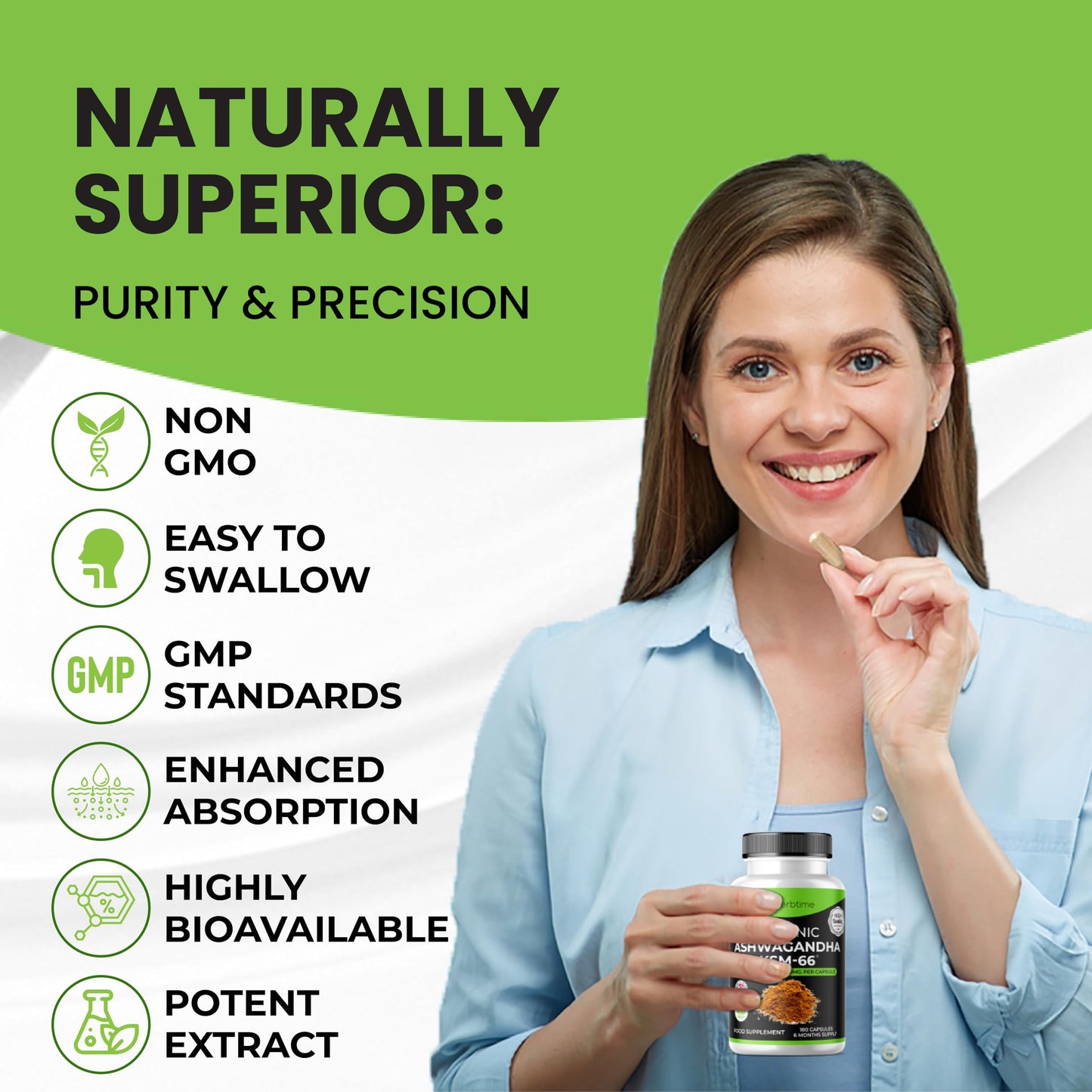 Herbtime Ashwagandha KSM 66, 180 Vegan Capsules 1500mg (6 Months Supply) High Strength Ashwagandha Extract 1500mg Per Capsule UK Made, Boosted with 5% Withanolides