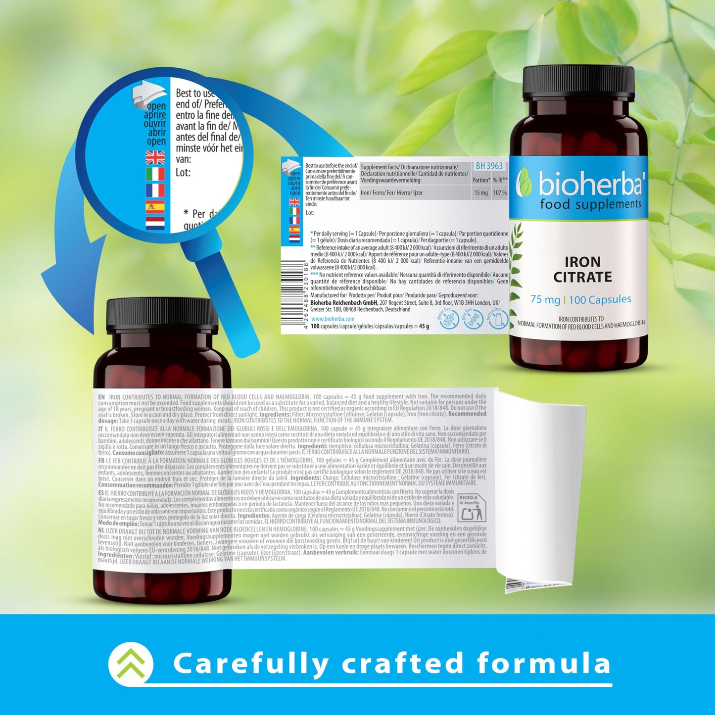 Iron Supplement High Strength - Iron Citrate 75 mg - 300 Capsules by BIOHERBA - Supports Red Blood Cell Production and Boosts Energy