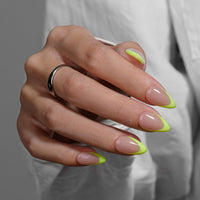 KQueenest French Tip False Nails with Glue, Neon Green Press on Nails Short Almond, Natural Nude Fake Nails Press ons Stiletto, Reusable Vibrant Lime Soft Gel Stick on Nail for Women, 30 Pcs