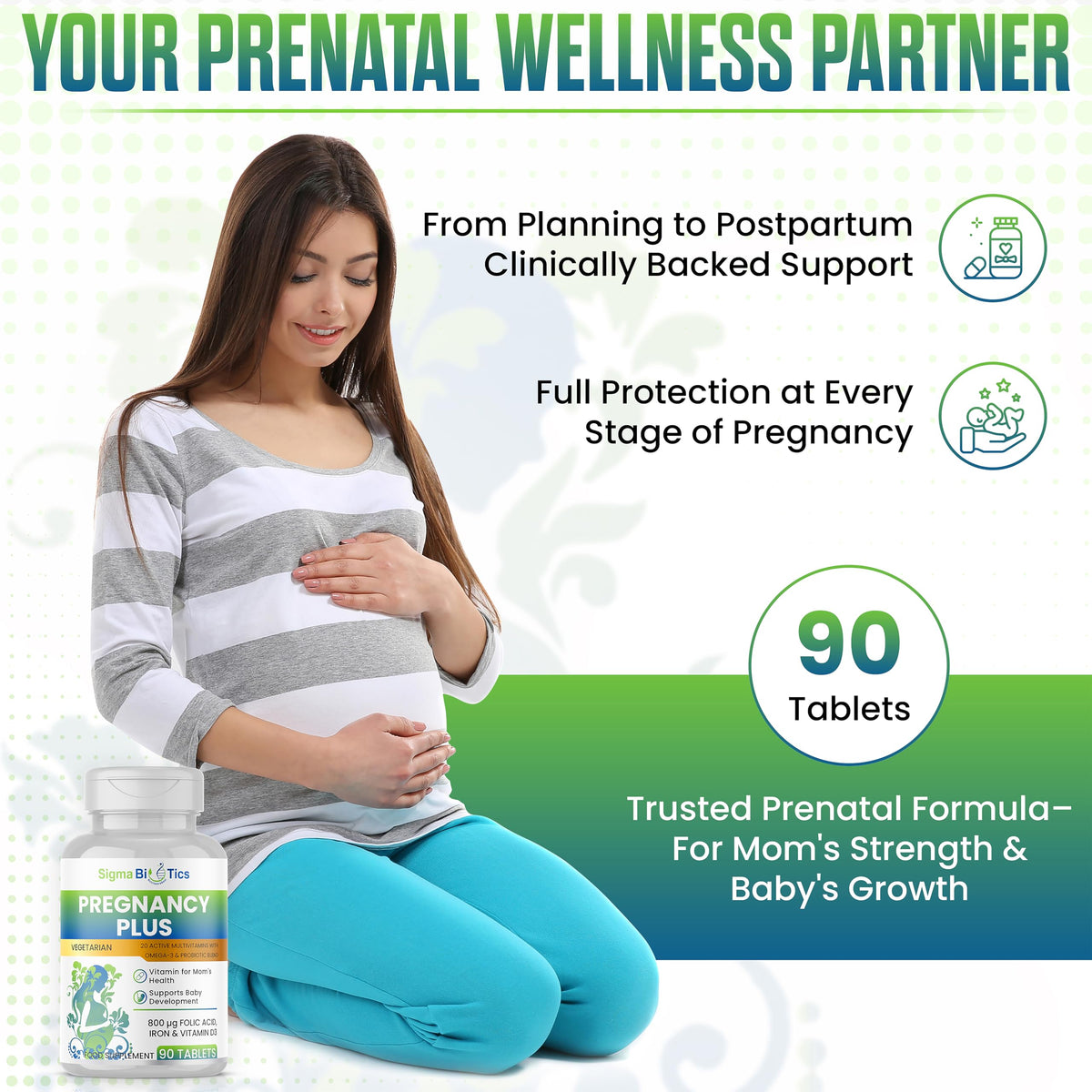 SigmaBiotics Pregnancy Multivitamin | 800 µg Folic Acid, Iron, Vitamins D3 and C, Omega-3, B Complex, Zinc and Probiotics, Prenatal Support for Mom’s Energy, Immunity, and Baby's Growth | 90 Tablets