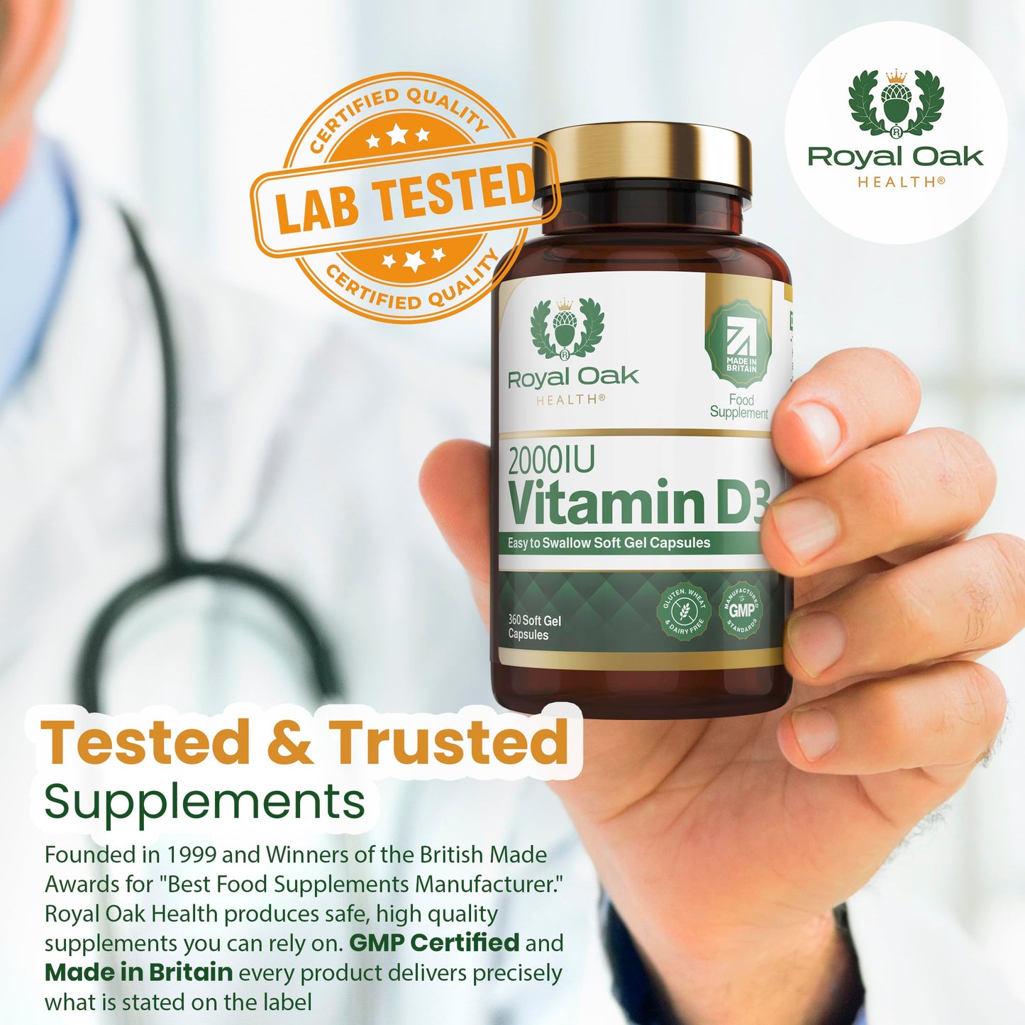 Royal Oak Health Vitamin D3 2000iu (Cholecalciferol) x360 Soft Gel Capsules / 12 Month Supply - High Strength Easy to Swallow Vitamin D Tablet Alternative Supplement for Immune, Muscle, Bones & Teeth