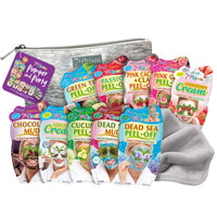 7th Heaven Pamper & Party Skincare Set - 10 x Face Masks, Silver Make Up Bag & Cleansing Face Cloth - Gift Set Mix of Peel Off Masks & Cream Face Masks