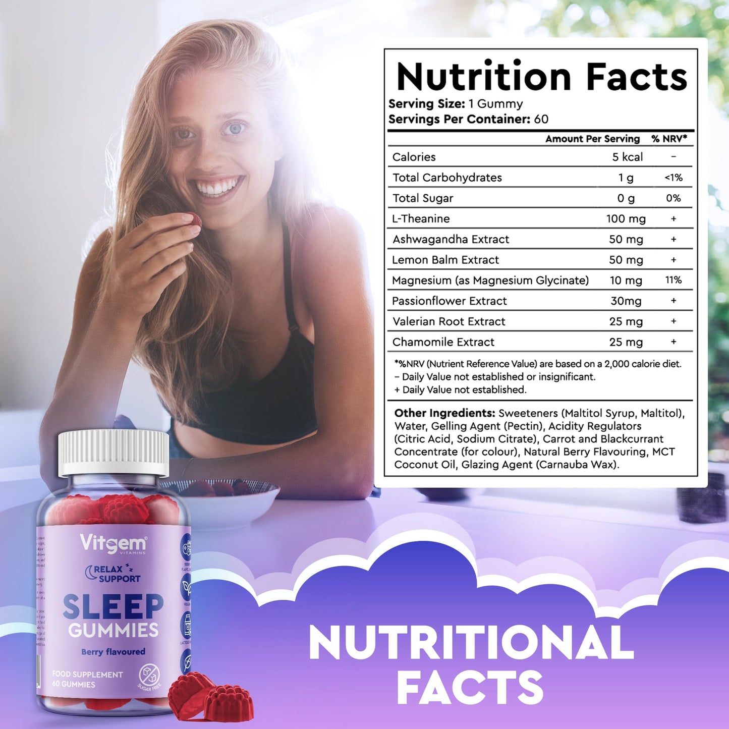 Vitgem Sleeping 60 Gummies for Adults UK - Natural Night Time Support with Magnesium, Ashwagandha & L-Theanine - Non-Drowsy Herbal Sleep Support - Vegan, Sugar Free Berry Flavour (2 Month Supply)