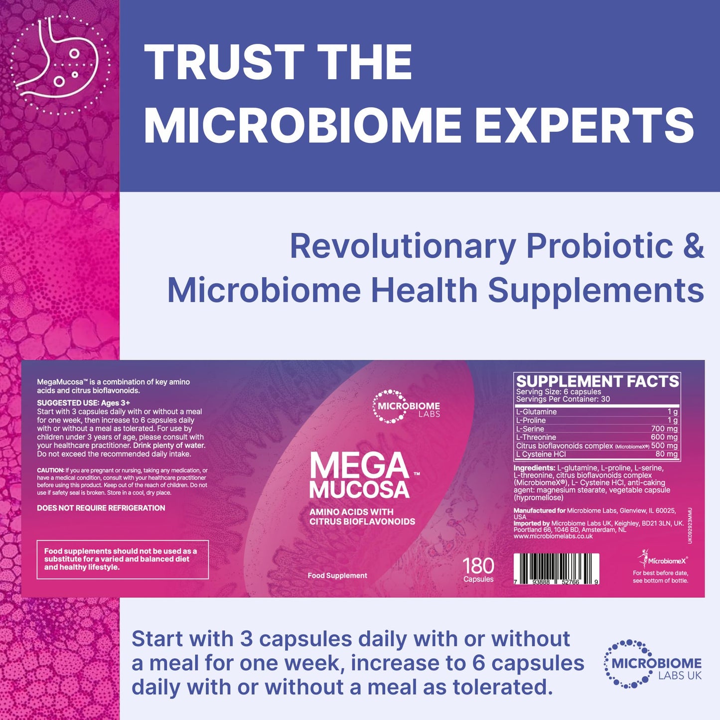 Microbiome Labs MegaMucosa – Complete Mucosal Support Supplement with L-Glutamine, Amino Acids & Citrus Bioflavonoids (MicrobiomeX®) – Supports Healthy Gut Barrier Function (180 Vegan Capsules)