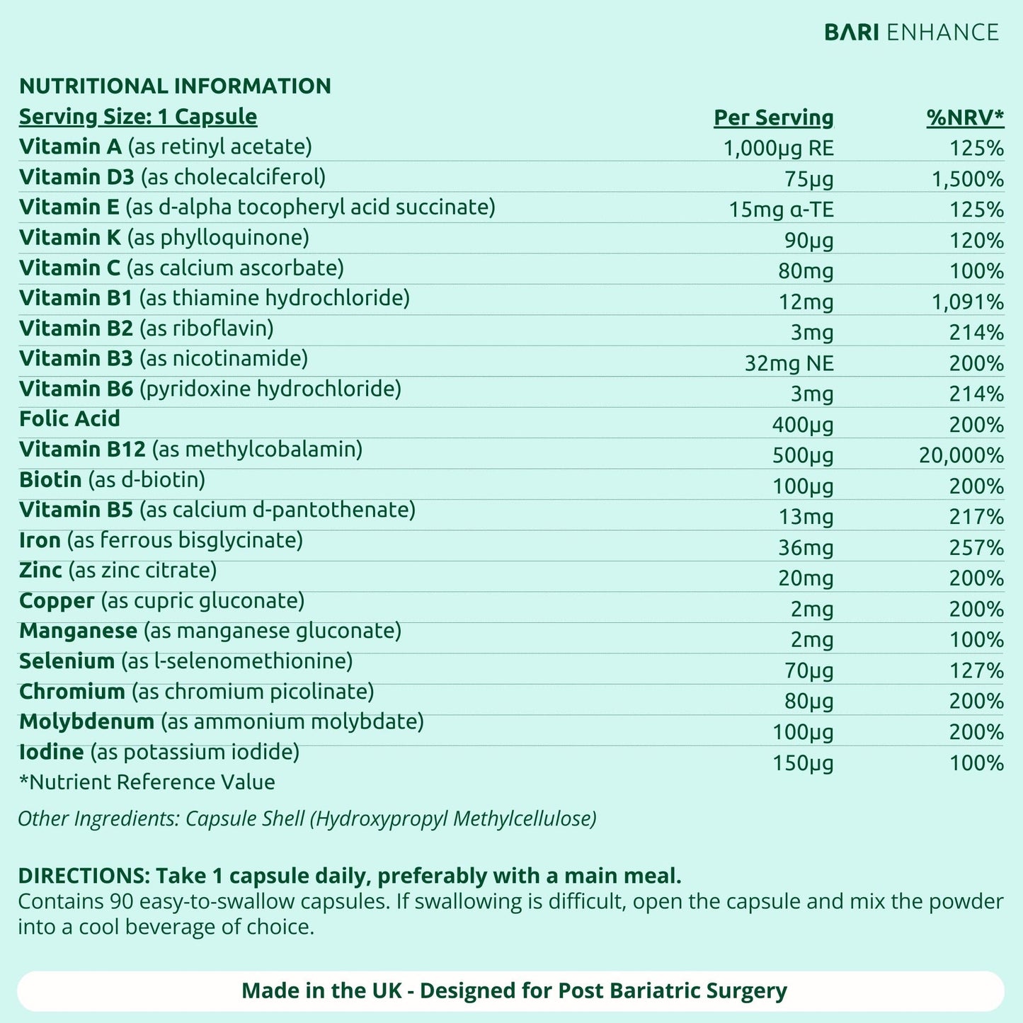 Bari Enhance 3 Month Supply - Bariatric Multivitamin with Iron 36mg | One A Day Bariatric Vitamins for Gastric Bypass and Gastric Sleeve | ADEK Vitamins Bariatric Vitamin D and B12 | 90 Easy to Swallow Capsules