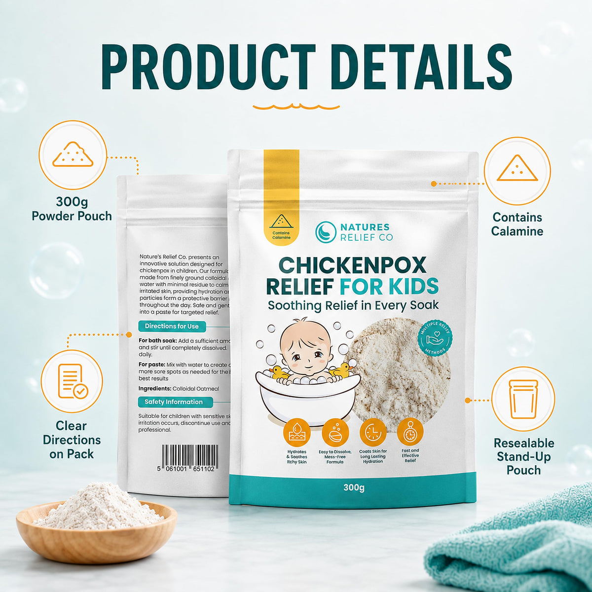 Natures Relief Co Chickenpox Relief Treatment | Colloidal Oatmeal & Calamine | Oatmeal Bath Soak for Chicken Pox Relief Kids - Colloidal Oats Bath for Itchy Skin| Made in UK | 300g