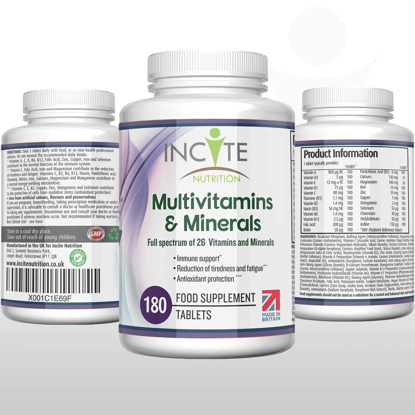 Multivitamin and Minerals | 180 Vegan Tablets | 26 Key Vitamins and Minerals for Women and Men | 6 Months Supply | Multivitamin Supplements 1 a Day Serving | Made in The UK by Incite Nutrition®