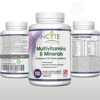 Multivitamin and Minerals | 180 Vegan Tablets | 26 Key Vitamins and Minerals for Women and Men | 6 Months Supply | Multivitamin Supplements 1 a Day Serving | Made in The UK by Incite Nutrition®