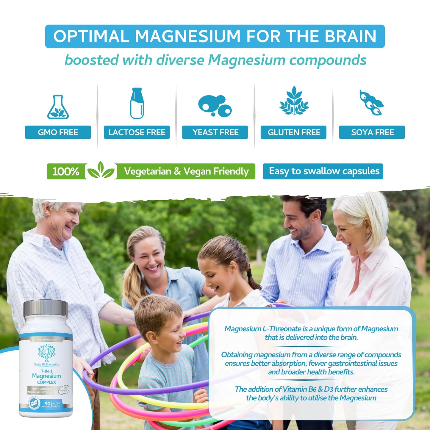 swiss bioenergetics Magnesium L-Threonate Complex 7-in-1 with 1000mg of Magtein Plus Magnesium as Bisglycinate, Taurate, Citrate, Gluconate, Malate & Lactate - Supports Sleep - Vegan, UK Made and No Artificial Nasties