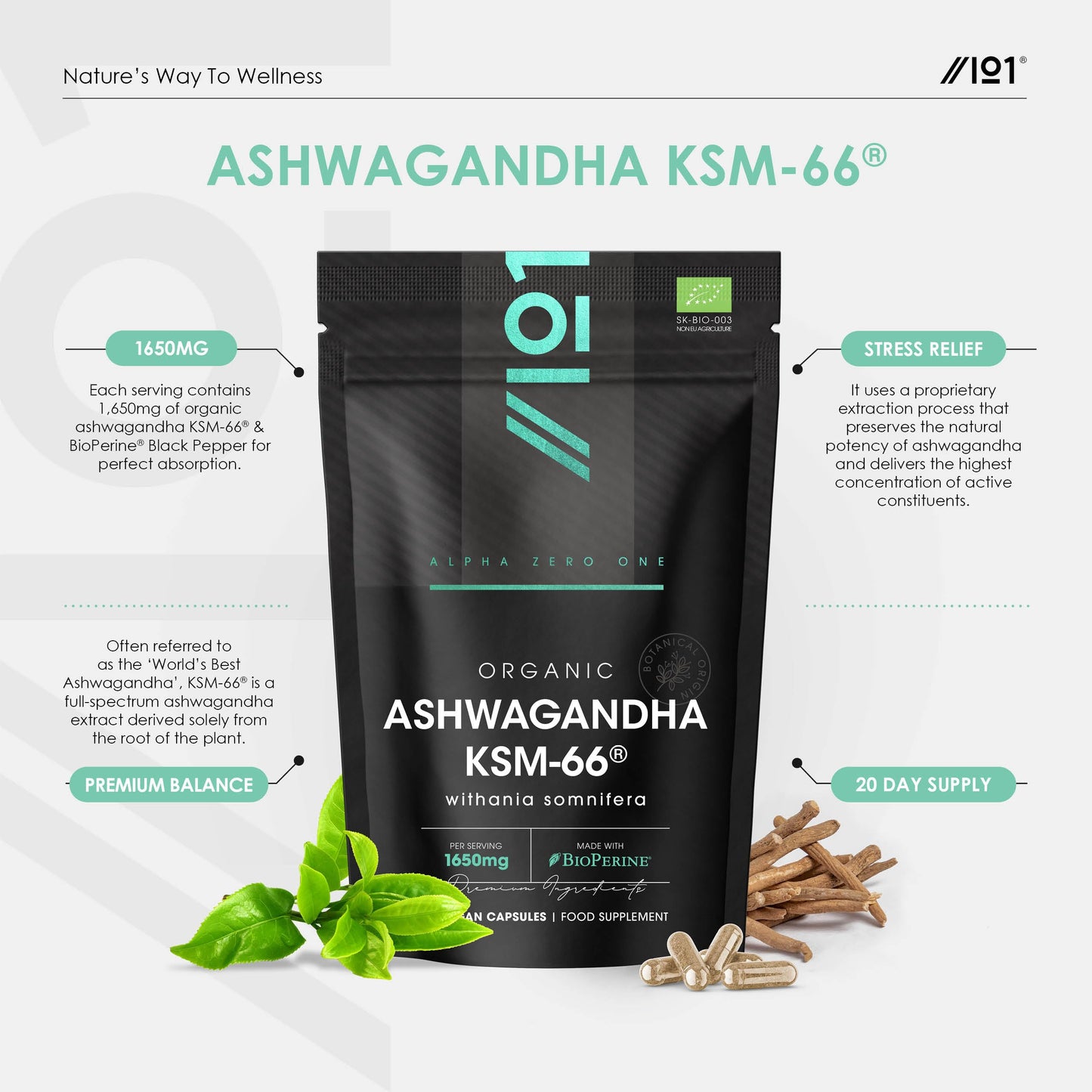 ALPHA01 Organic Ashwagandha KSM-66® 1650mg - 5% Withanolides with Black Pepper – 60 Vegan Capsules – Resealable and Recyclable Pouch by Alpha01