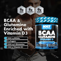 NXT Nutrition BCAA, Glutamine & Vitamin D | BCAAs Amino Acids with Vitamin D3 and L-Glutamine - for Recovery, Gut Health and Muscle Protein Synthesis | 360g - 30 Servings (Blue Raspberry)