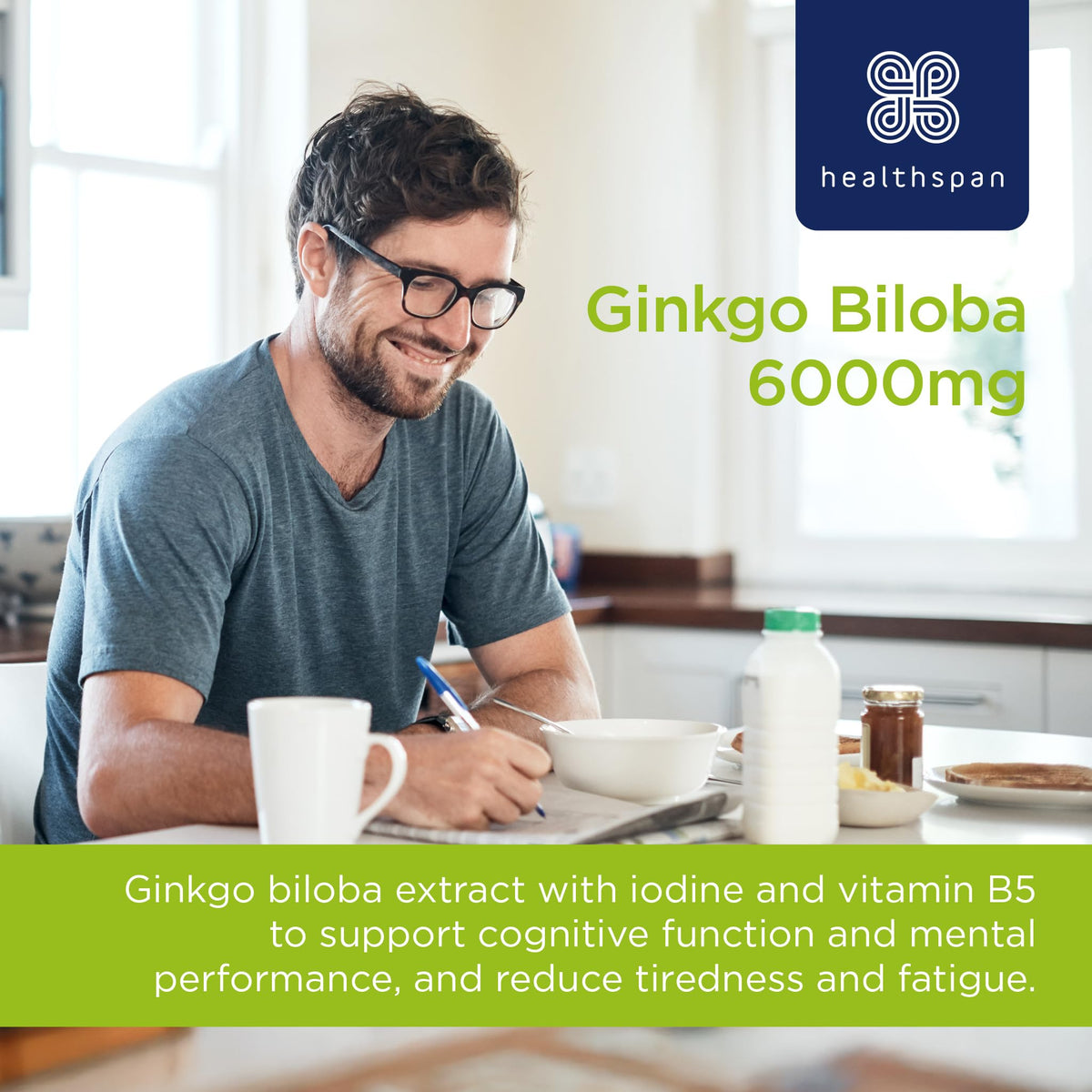 Healthspan Ginkgo Biloba Cognitive Support (6,000mg) | 180 Tablets | Maximum Strength Ginkgo Extract | Mental Function | Added Iodine & Vitamin B5 | Supports Energy | Vegan