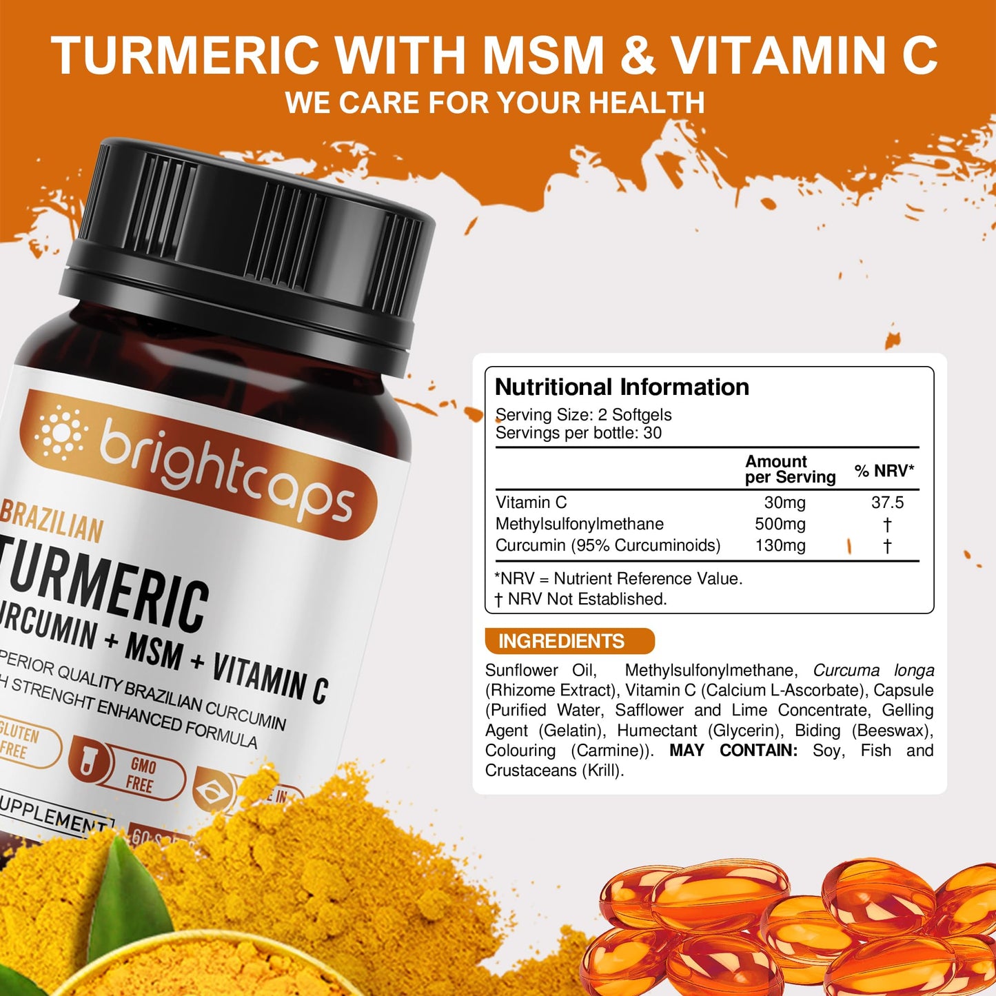 Brightcaps MSM (Methylsulfonylmethane) with Turmeric Full Spectrum Curcumin (95% Curcuminoids) & Vitamin C | Joint Care Support | 1000mg Sofgels