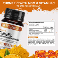 Brightcaps MSM (Methylsulfonylmethane) with Turmeric Full Spectrum Curcumin (95% Curcuminoids) & Vitamin C | Joint Care Support | 1000mg Sofgels