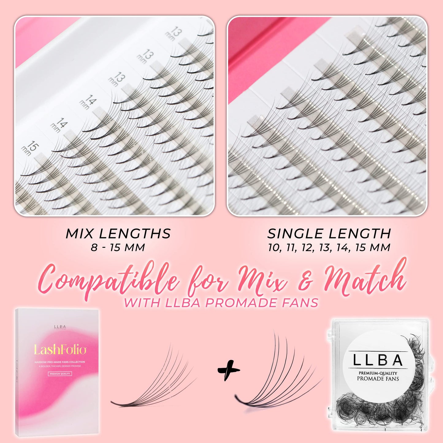 LLBA LashFolio Narrow Promade Fans | Handmade Volume Eyelashes | Multi Selections 5D~10D | C CC D Curl | Thickness 0.03~0.07mm | 8-15mm Length | Long Lasting & Easy Application (5D-0.07 D 13mm)