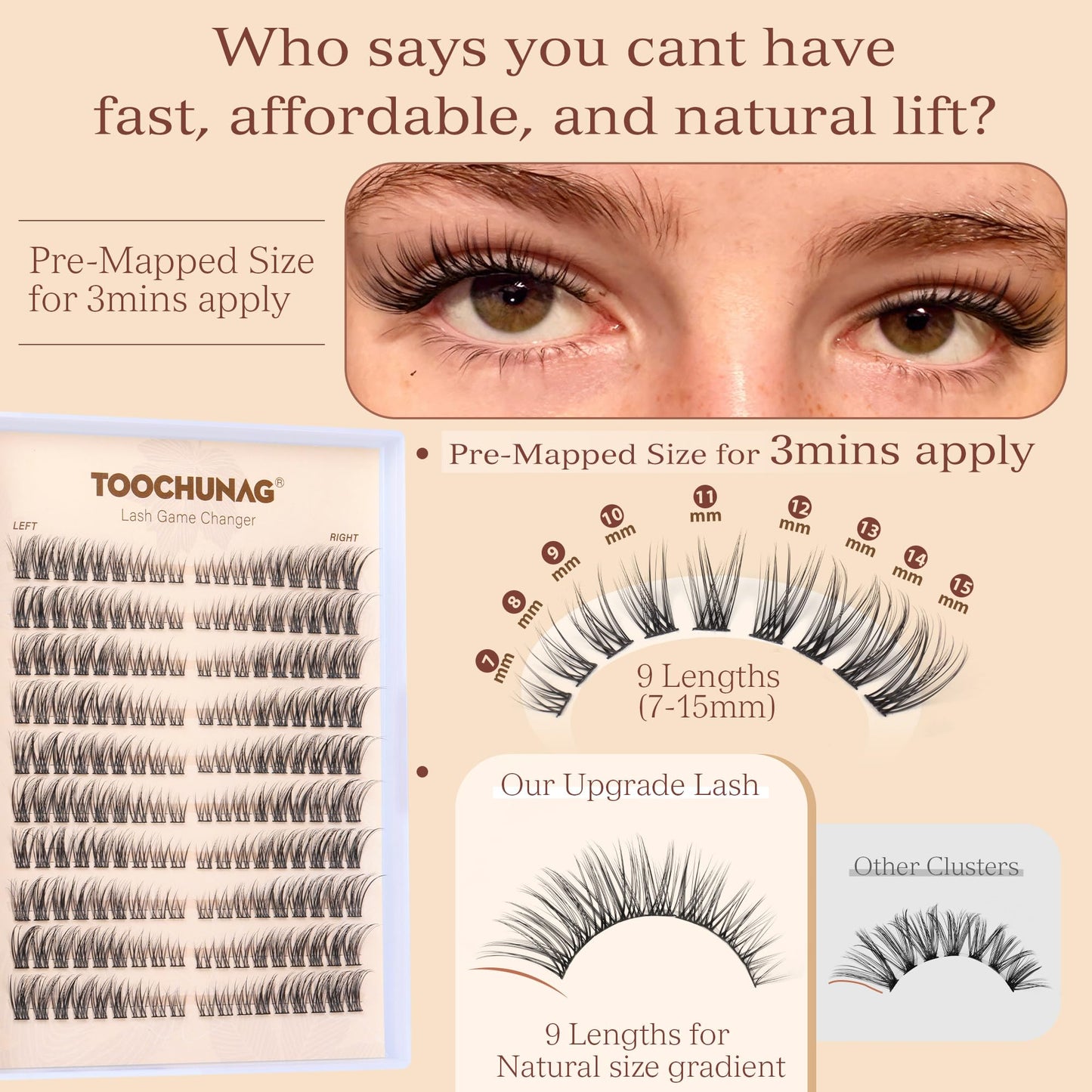 TOOCHUNAG Natural Lash Clusters 180pcs Individual Eyelashes Wispy Cluster Lashes 7-15mm C Curl Eyelash Clusters Left&Right DIY Individual Lashes Extension