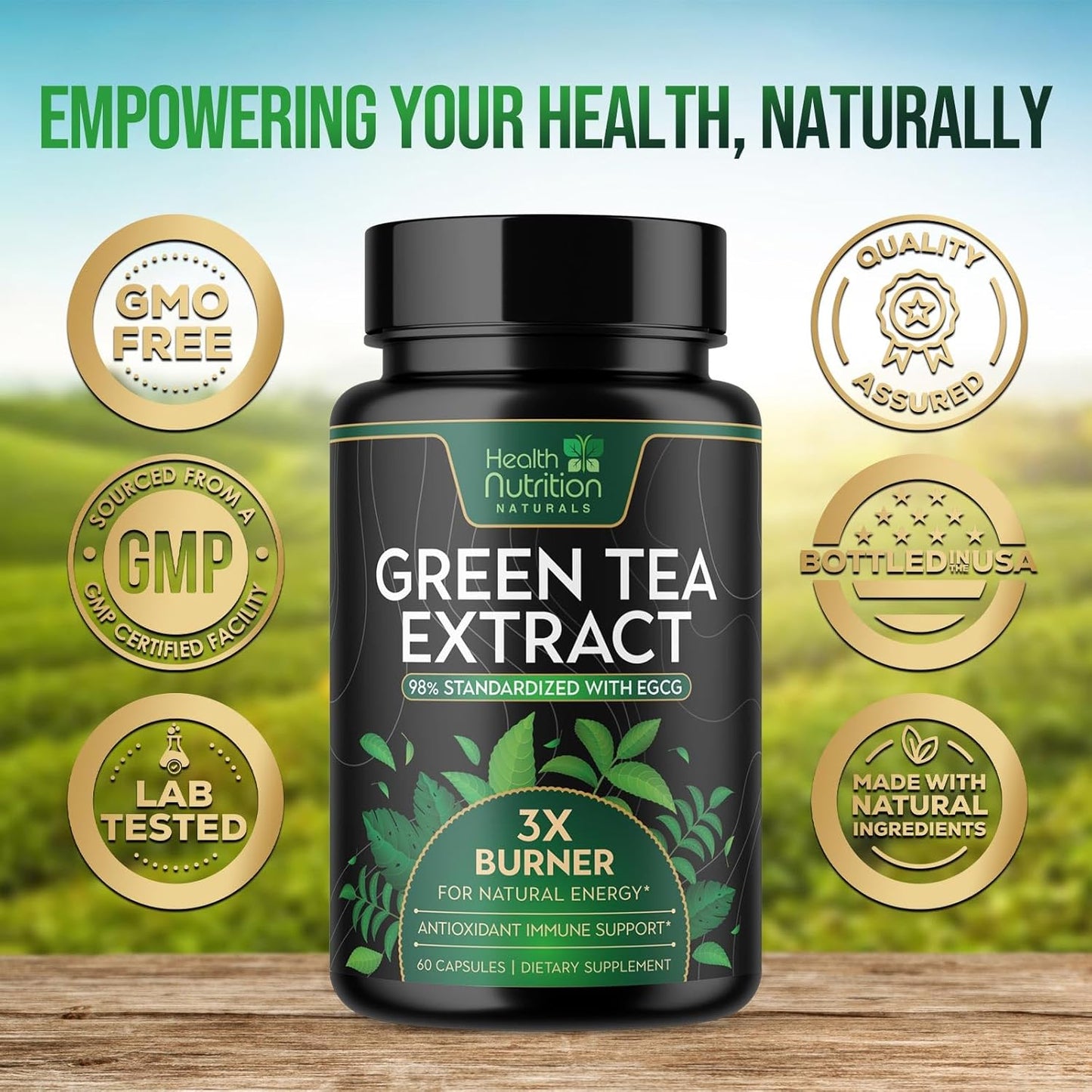 Green Tea Extract Pills - 98% Standardized EGCG 1300mg 3X Extra Strength for Natural Energy -60 Capsules