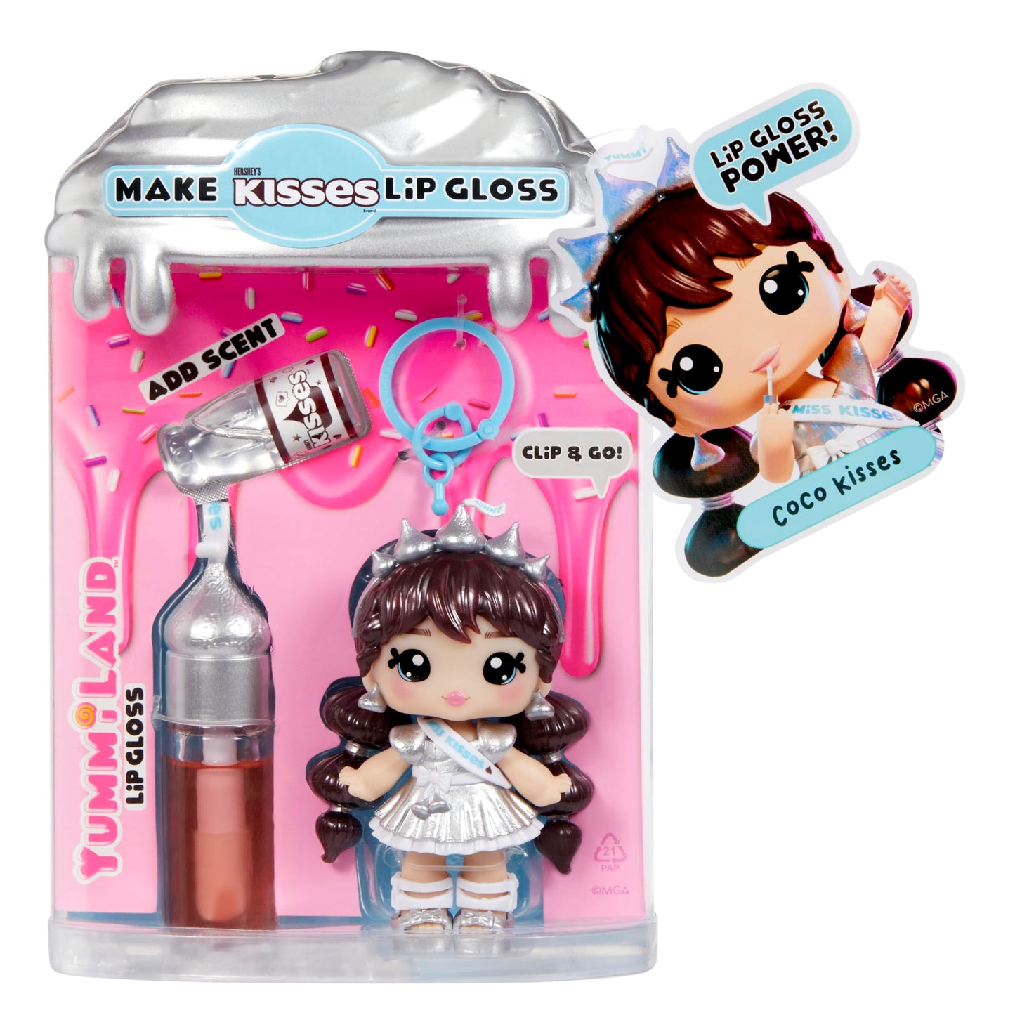 Yummiland x Licensed Sweets Lip Gloss Doll: Hershey’s Kisses - Coco Kisses - Includes 1 Doll, DIY Lip Gloss + Removable Keychain, Cosmetic Play, Collectible, Suitable for Children Ages 4+