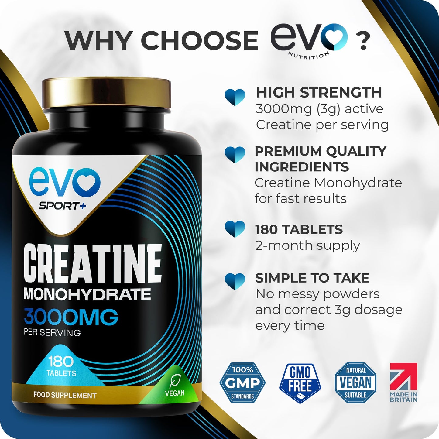 EVO NUTRITION EVO Nutrition Creatine Monohydrate 3000mg, 180 Unflavoured Tablets