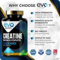 EVO NUTRITION EVO Nutrition Creatine Monohydrate 3000mg, 180 Unflavoured Tablets