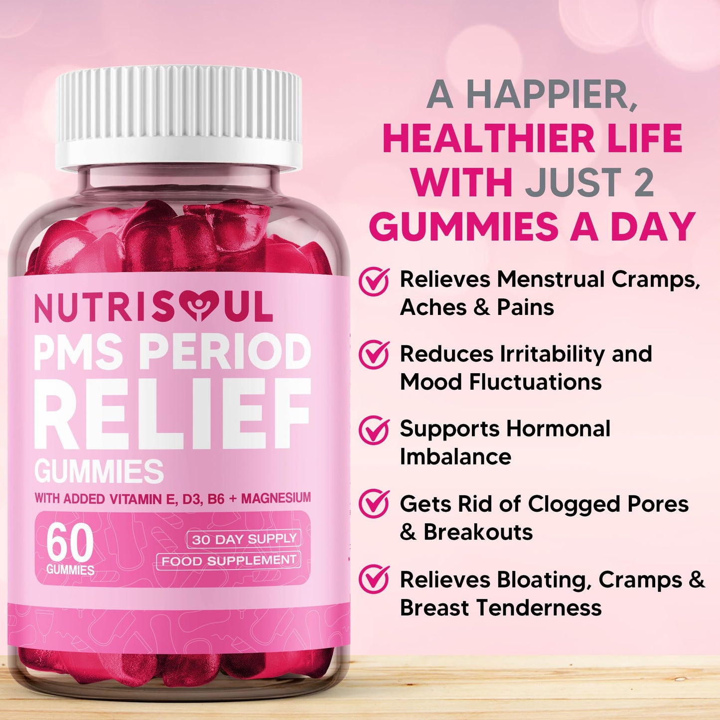 nutrisoul PMS Period Relief Gummies | Supplement for Women | 2000mg Magnesium with Vitamins B6, E, D3 | 60 Non-GMO, Cold Pressed, Vegan, Gluten Free Capsules with Chasteberry Extract | Natural Ingredients