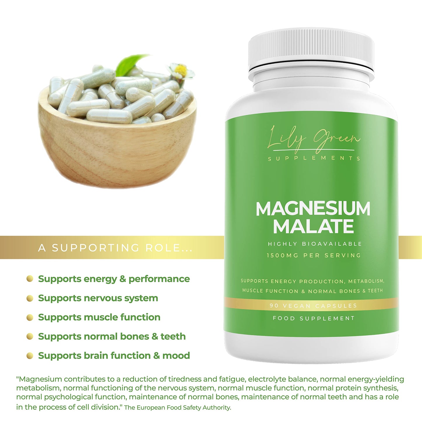 Lily Green Supplements Lily Green | Magnesium Malate 1500mg per Serving | 90 Vegan Caps | Supports Energy, Muscle Function, Nervous System, Normal Bones & Teeth | No Artificial Fillers | Made in UK
