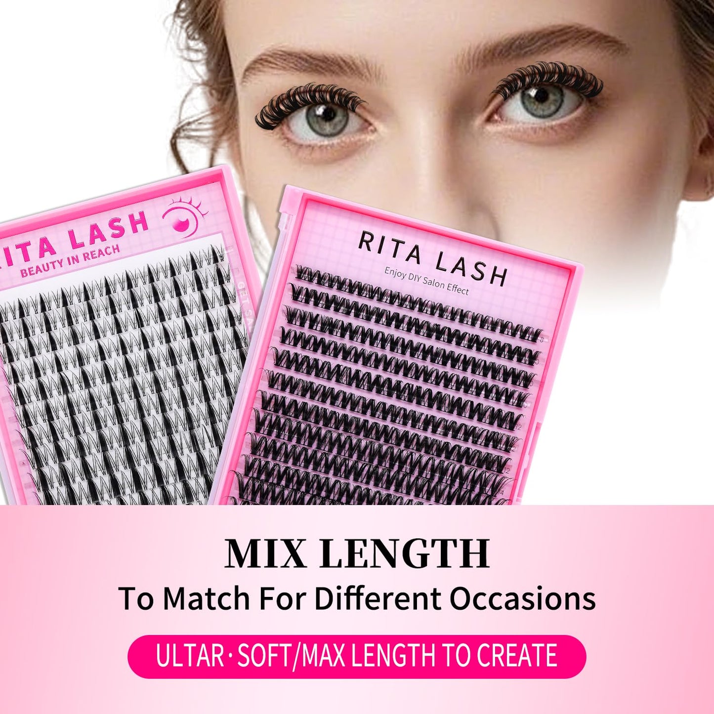 RITALASH Flora Lash Clusters Hybrid Volume Wispy Cluster Lashes WideSpan DIY Eyelash Extension Cat Eye Lashes Individual Eyelash Clusters Invisible Lash Band(Flora,8-18mm)