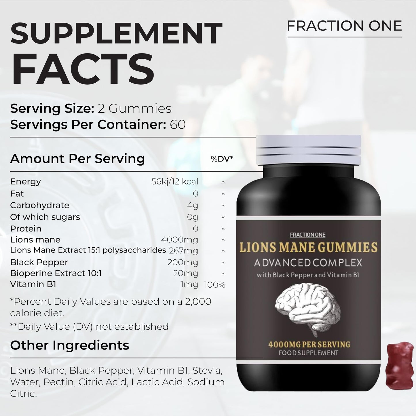 Fraction One Lions Mane Mushroom Gummies 4000mg - 120 Gummies - 60 Servings - Lions Mane Extract 15:1, Black Pepper, Bioperine Extract 10:1 & Vitamin B1 - Brain Supplement - Alternative to Lions Mane Powder