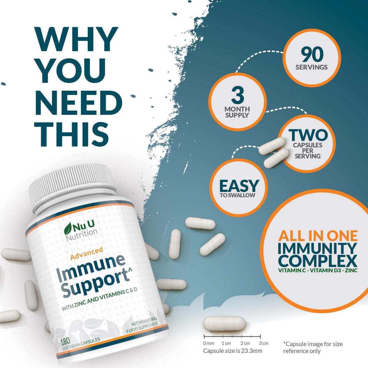 Immune Support - Vitamin C 1200mg and Zinc 40mg & Vitamin D3 1000IU - 180 Vegetarian Capsules - 3 Month Supply - Made in The UK - Nu U Nutrition