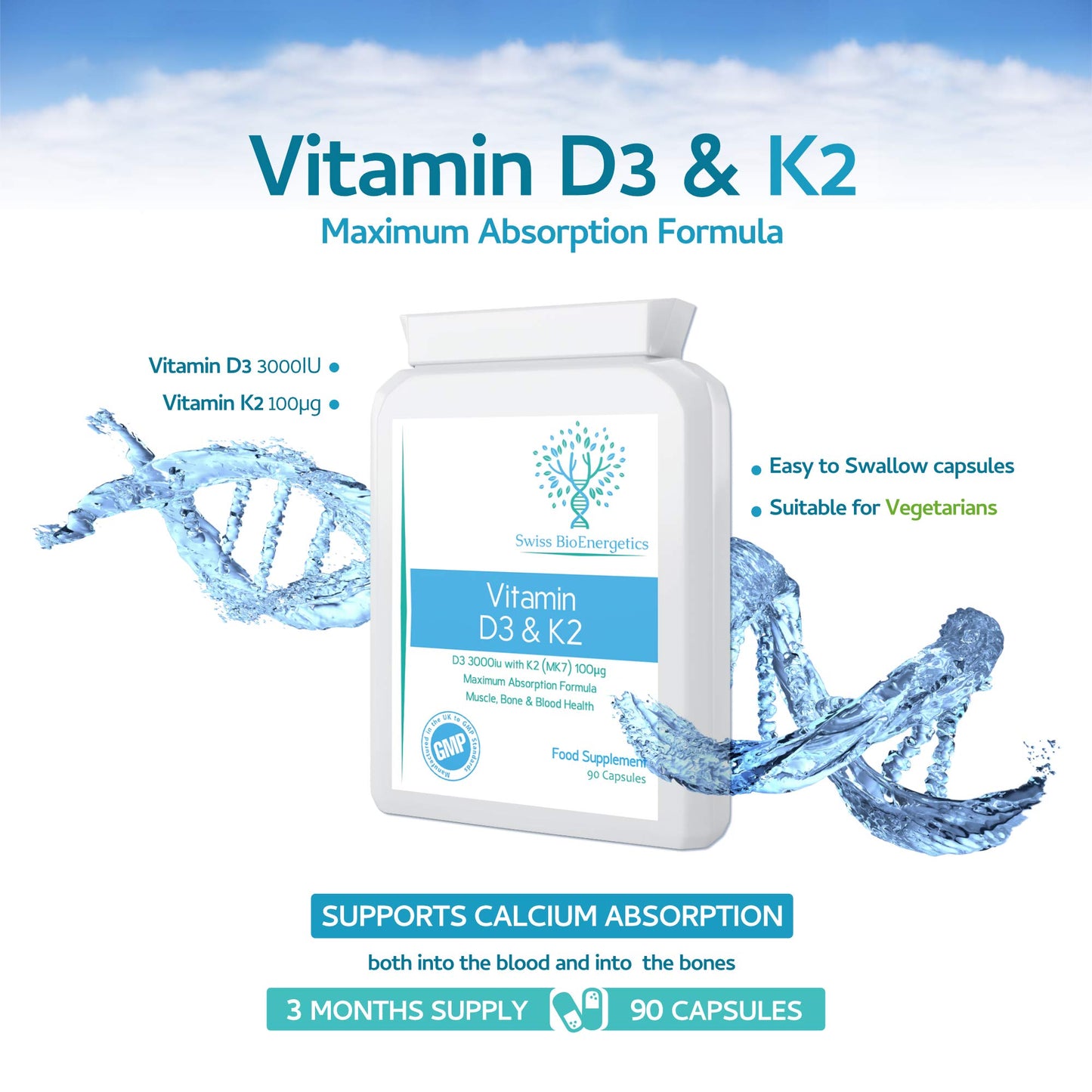 swiss bioenergetics Vitamin D 3,000 IU & Vitamin K2 100ug MK7 Vegetarian Capsules - 90-Day Supply of Vitamin D3 Supplement Source of Cholecalciferol – Exclusively Manufactured in The UK for Maximum Absorption