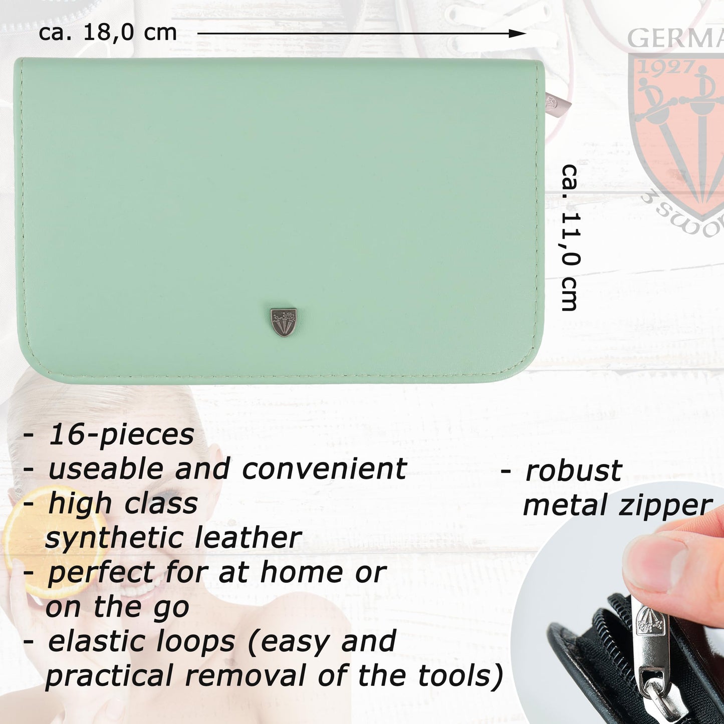3 Swords Germany - brand quality 16 piece manicure pedicure grooming kit set in mint fashion leather case in gift box - Made by 3 Swords
