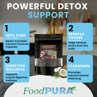FoodPURA 100% Natural 365 High Strength Coconut Activated Charcoal Capsules not Tablets 1500mg Digestive Support Reduces Bloating & Flatulence After Eating Vegan(365)