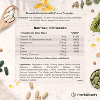 Horbäach Multivitamin Tablets for Teenagers with Focus Complex | 180 Capsules | High Strength Complex with Vitamin B6, B5, Magnesium, Iron and Zinc | Vegan Supplement for Teens 13+ | By Horbaach