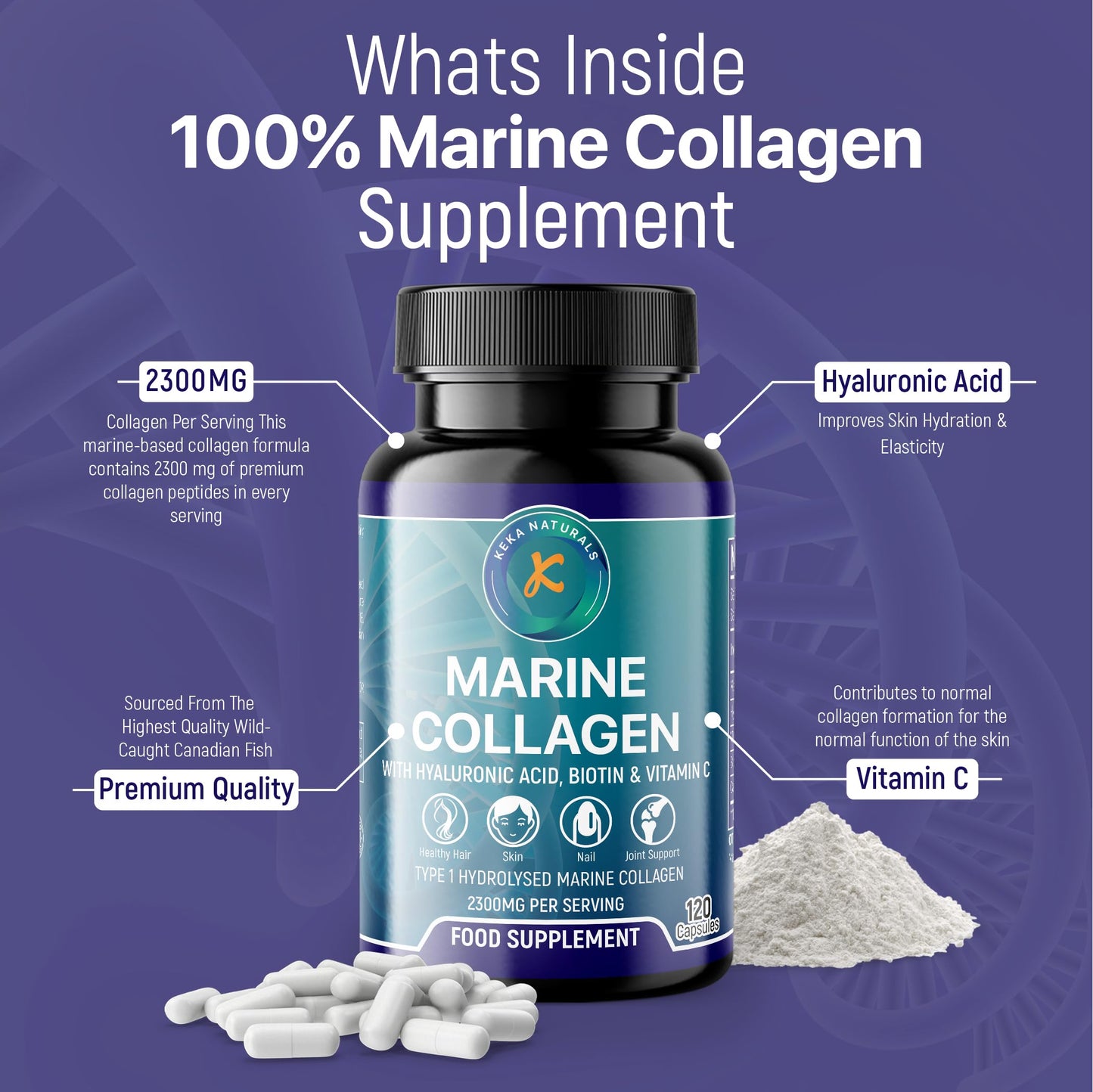 Hydrolysed Marine Collagen Peptides 2300mg - Enhanced with Hyaluronic Acid & Vitamin C - High Strength Collagen Supplements for Women and Men - 120 Capsules