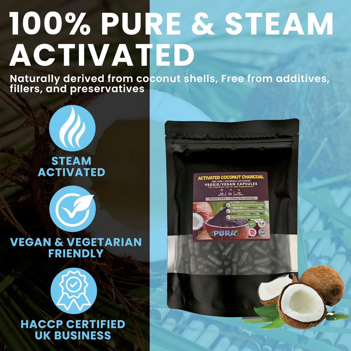 FoodPURA 100% Natural 365 High Strength Coconut Activated Charcoal Capsules not Tablets 1500mg Digestive Support Reduces Bloating & Flatulence After Eating Vegan(365)