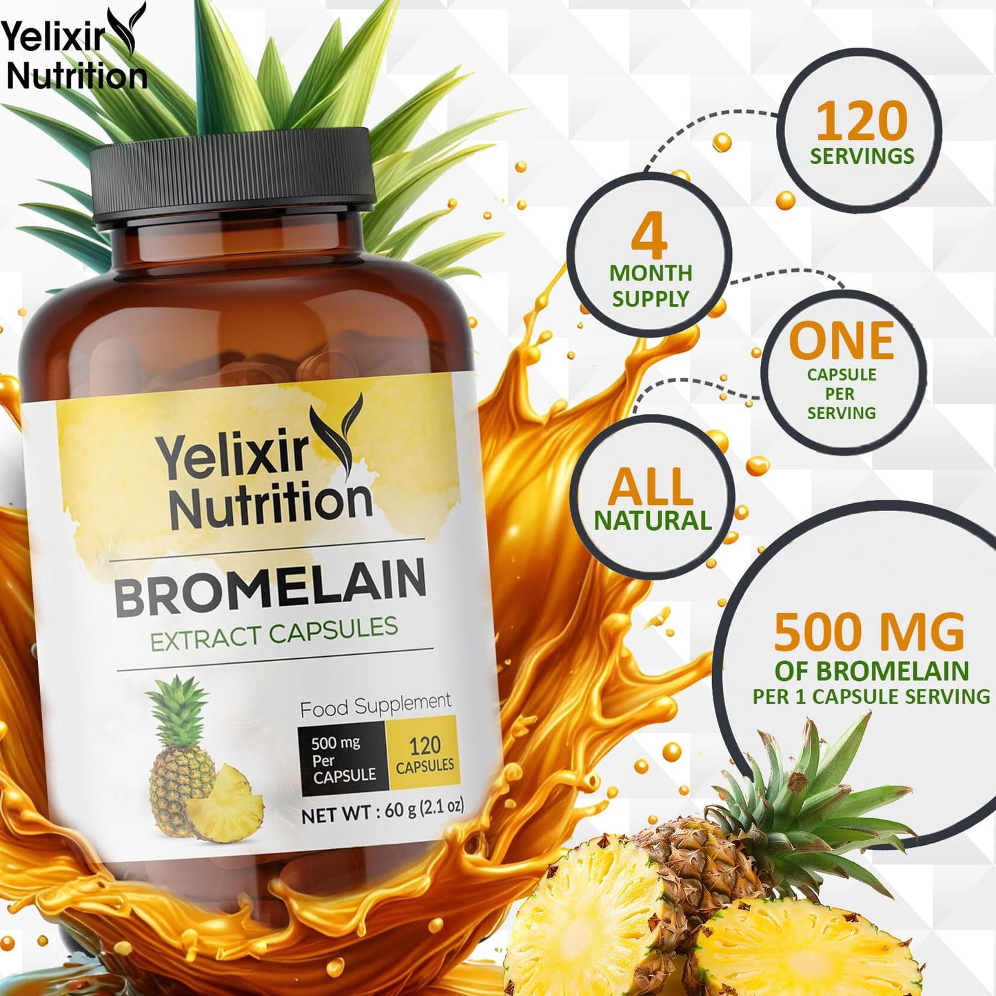 Yelixir Nutrition Bromelain Capsules, 120 Count, 2400 GDU/g Strength