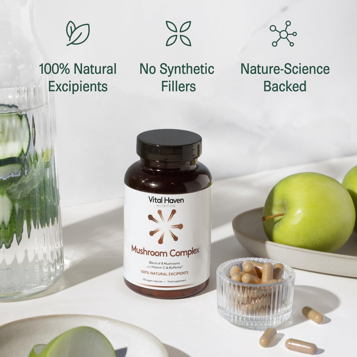 Vital Haven - Mushroom Supplement - Lions Mane, Reishi, Cordyceps, Shiitake, Maitake, Chaga, Agaricus Blazei, Tremella with VIT C - UK Made