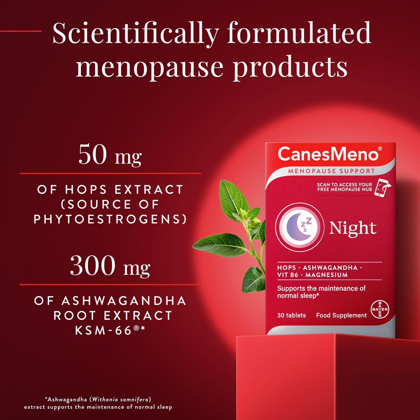 CanesMeno Menopause Support Night 30 Tablets, containing Hops, Ashwagandha, Vitamin B6 and Magnesium