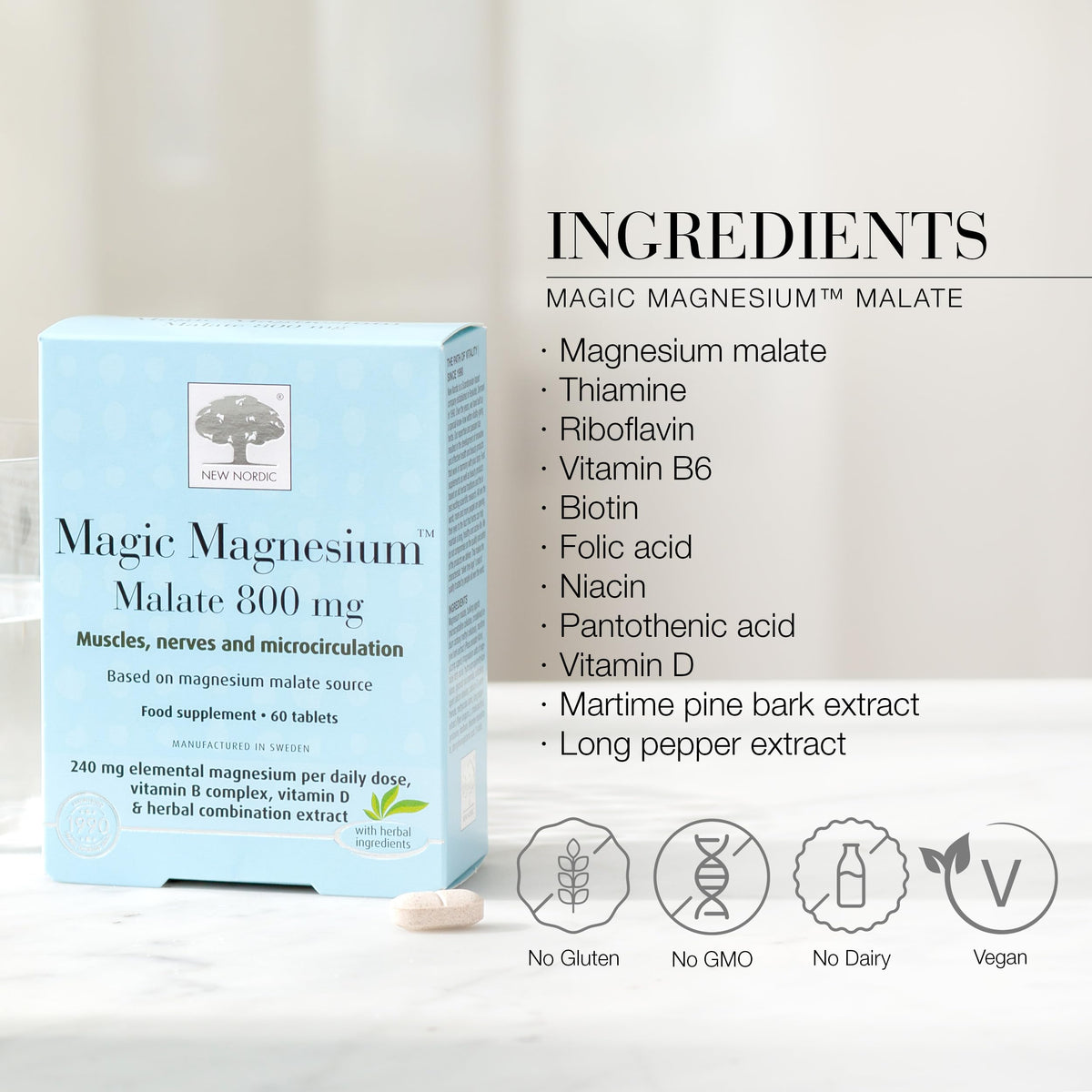 New Nordic Ltd New Nordic Magic Magnesium Malate - 800 mg Extra Strength - Vitamin B Complex & Vitamin D - Muscle & Sleep Support for Women & Men - 60 Tablets