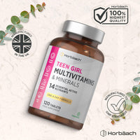 Horbäach Multivitamin Tablets for Teen Girls | 120 Count | 14 Essential A-Z Vitamins and Nutrients | with Iron, Vitamin B12, Folic Acid and Magnesium | Vegetarian | By Horbaach