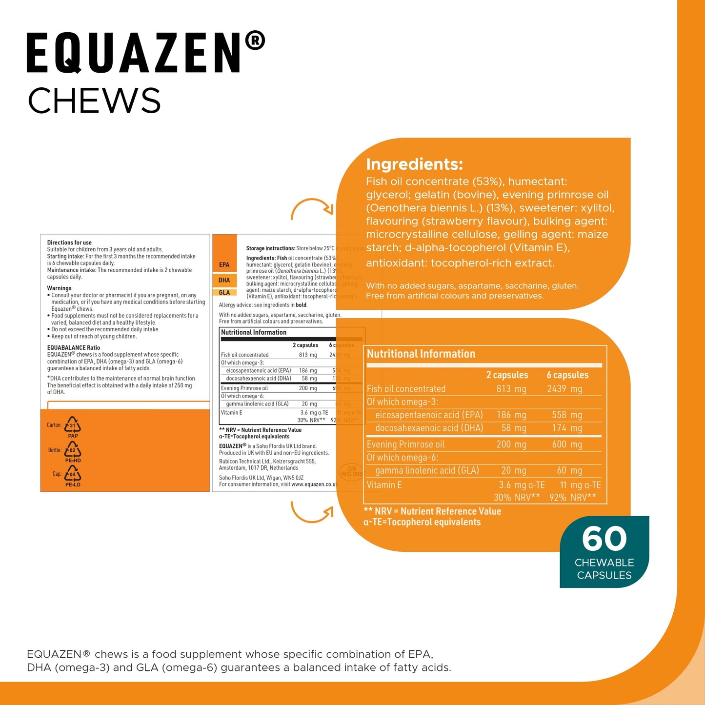 Equazen EQUAZEN Chews | Omega 3 & 6 Supplement | Blend of DHA, EPA & GLA | Supports Brain Function | Suitable for Children from 3+ to Adults | 60 Strawberry Flavoured Chews