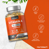 Vitamin A Capsules 10,000iu | 365 Count | High Strength Immune, Skin and Vision Support Supplement | by Horbaach