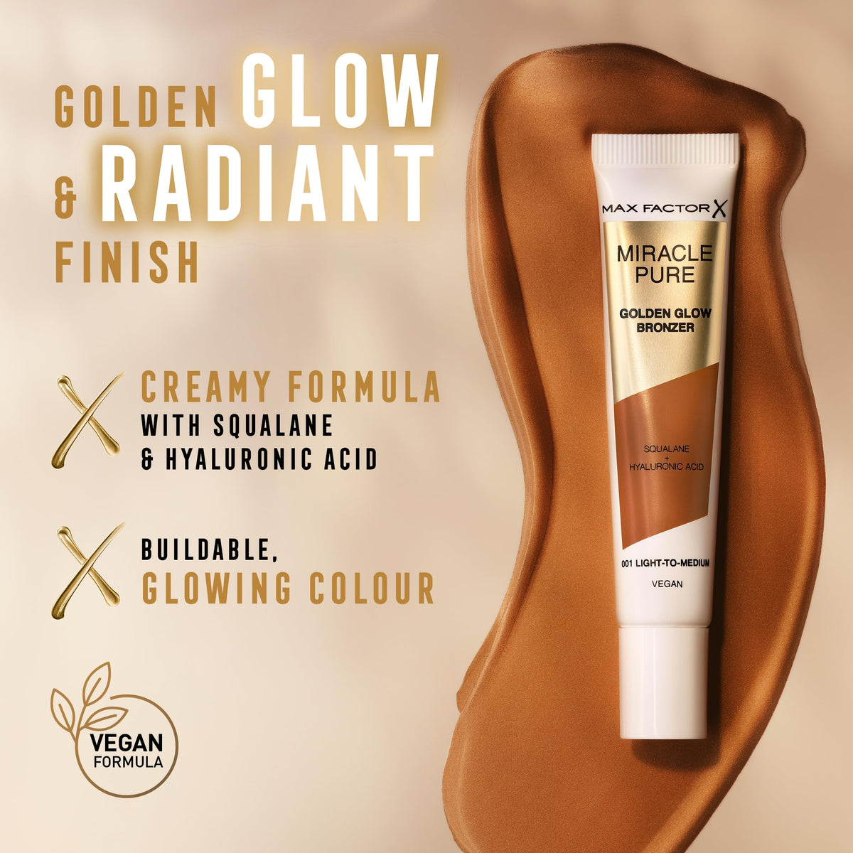 Max Factor Miracle Pure Golden Glow Liquid Bronzer 001 Light to Medium, Sun-Kissed Skin All Year Round, Infused with Hylauronic Acid & Squalene, Creamy Formula, Vegan